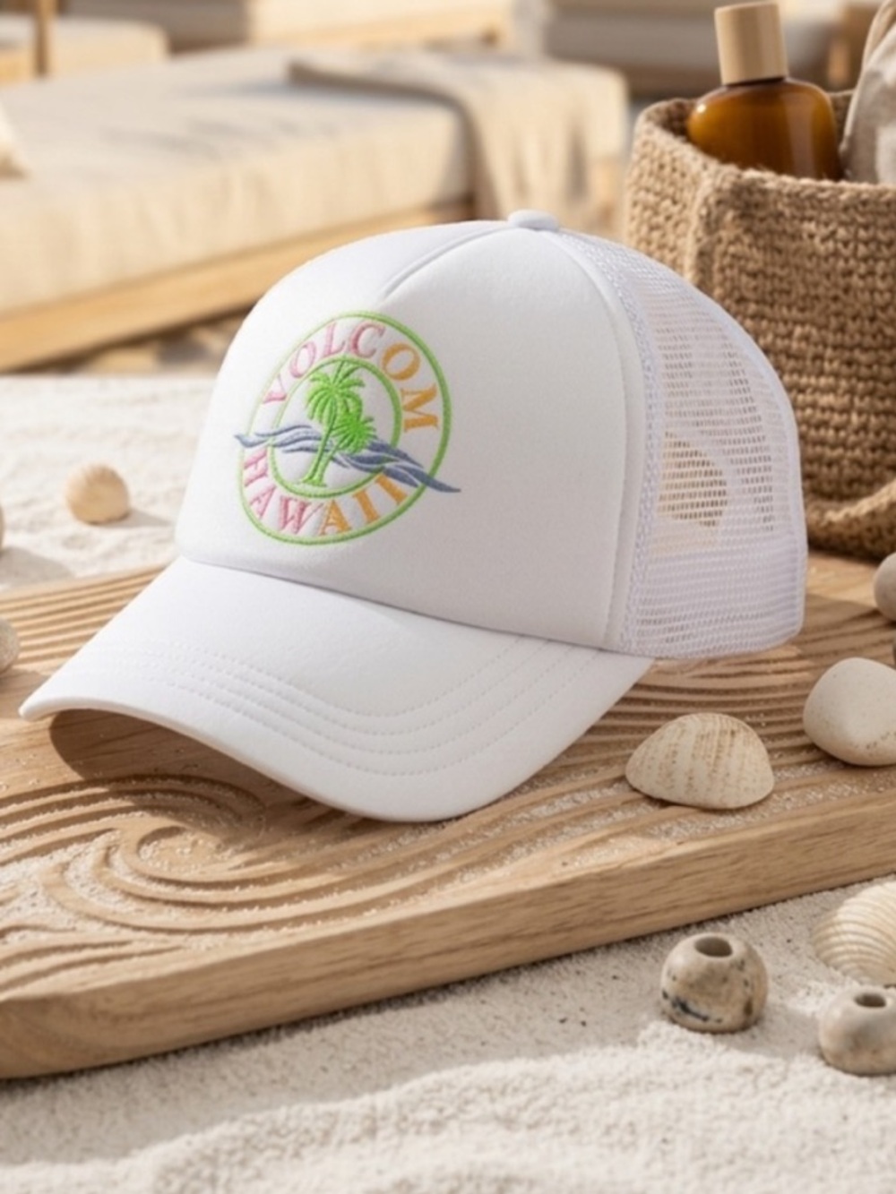 Volcom Trucker Hat White Neon Pastel Tropical Logo Women’s Snapback NWT